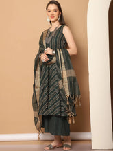 Women Olive Green Woven Design Kantha Work Kurta with Palazzos & With Dupatta ( JOKPL D56O 1554 Olive )-JOKPL-D56O